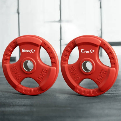 Pair of red Everfit 15KG weight plates with grip handles on gym floor