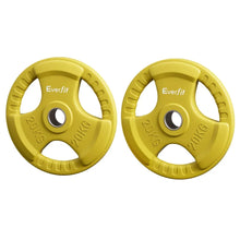 Pair of yellow 20kg weight plates with grip handles and central holes, Everfit branding visible.