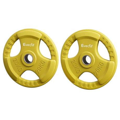Pair of yellow 20kg weight plates with grip handles and central holes, Everfit branding visible.
