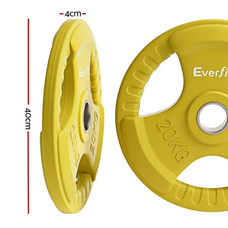 Yellow 20kg weight plates with handles, 40cm diameter, gym equipment