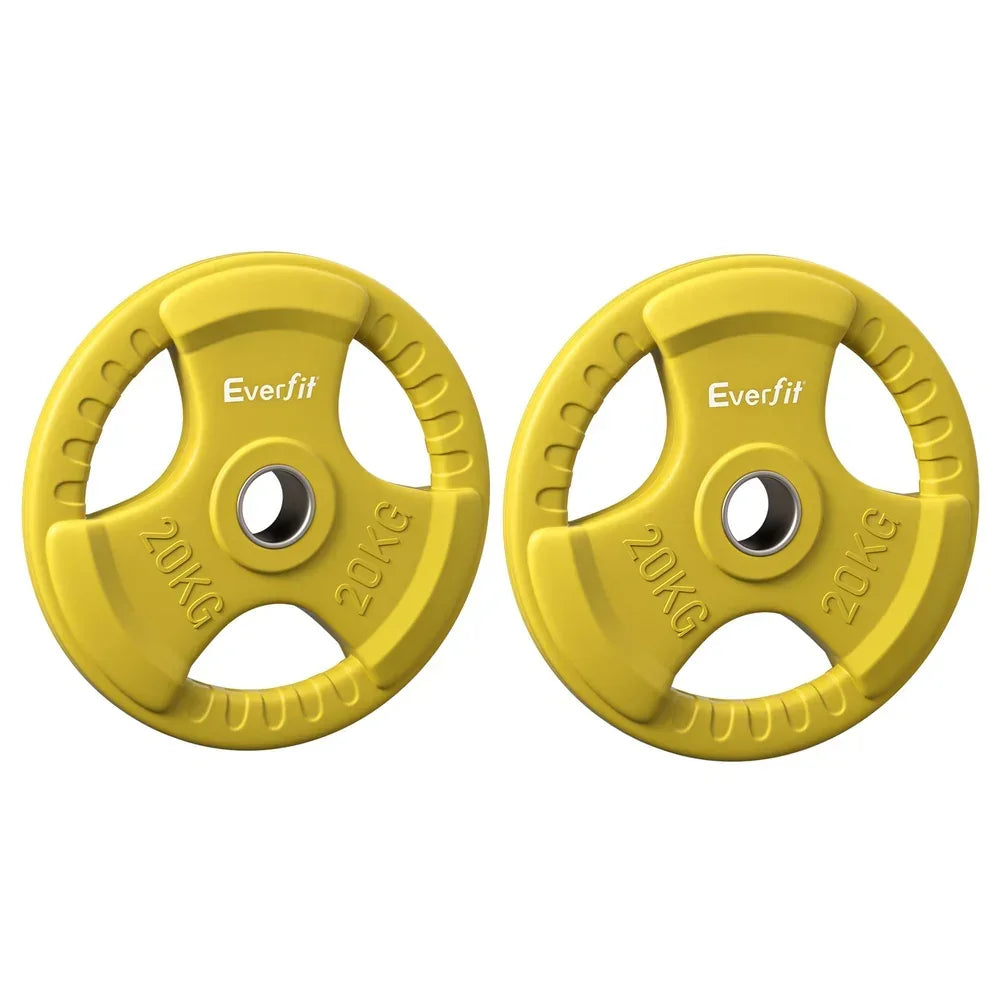 Pair of yellow 20kg Everfit weight plates with grip handles for strength training