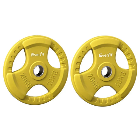 Pair of yellow 20kg Everfit weight plates with grip handles for strength training