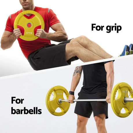 Man using yellow weight plates for exercises, suitable for grip and barbells, gym equipment