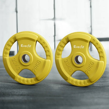 Pair of yellow 20kg Everfit weight plates with tri-grip design on gym floor