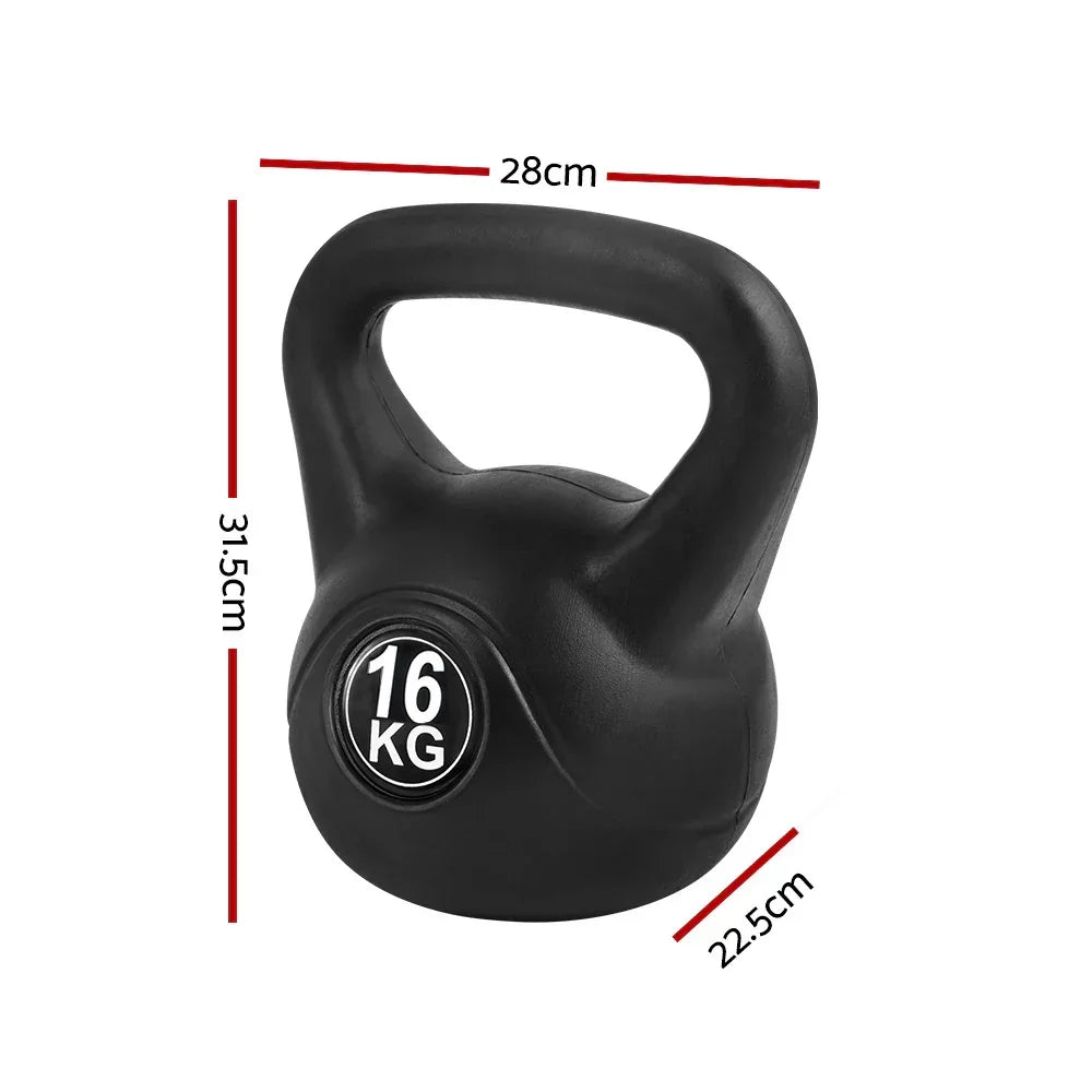 Black 16kg kettlebell with handle, labeled dimensions 28cm x 31.5cm x 22.5cm