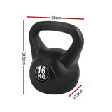 Black 16kg kettlebell with handle, labeled dimensions 28cm x 31.5cm x 22.5cm