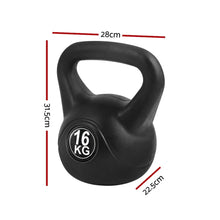 Black 16kg kettlebell with handle, labeled dimensions 28cm x 31.5cm x 22.5cm