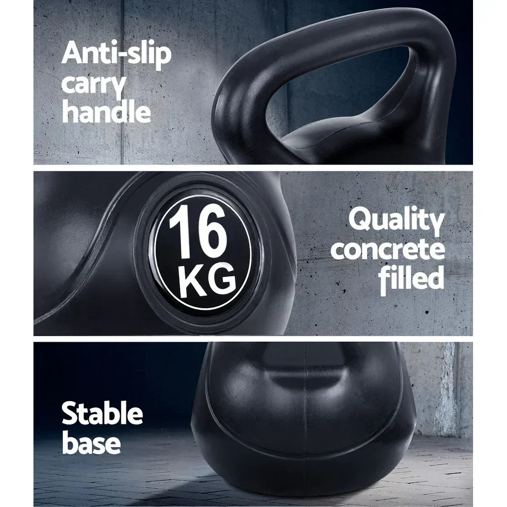 Black 16kg kettlebell with anti-slip handle, concrete-filled, and stable base features.
