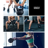 People using a 16kg black kettlebell in various gym exercises, versatile fitness workout