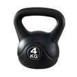 Black 4kg kettlebell for strength training, isolated on white background.