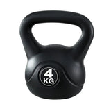 Black 4kg kettlebell for strength training, isolated on white background.