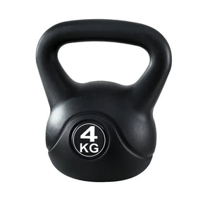 Black 4kg kettlebell for strength training, isolated on white background.