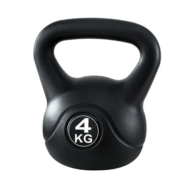 Black 4kg kettlebell for strength training, isolated on white background.