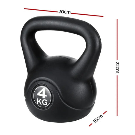 Black 4kg kettlebell with handle, showing dimensions 20cm x 22cm x 15cm.