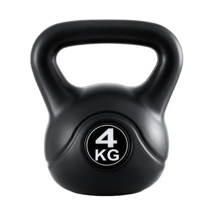 Black 4kg kettlebell with large handle for strength training, white background
