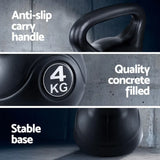 Black 4kg kettlebell with anti-slip handle, concrete filled, and stable base features shown.