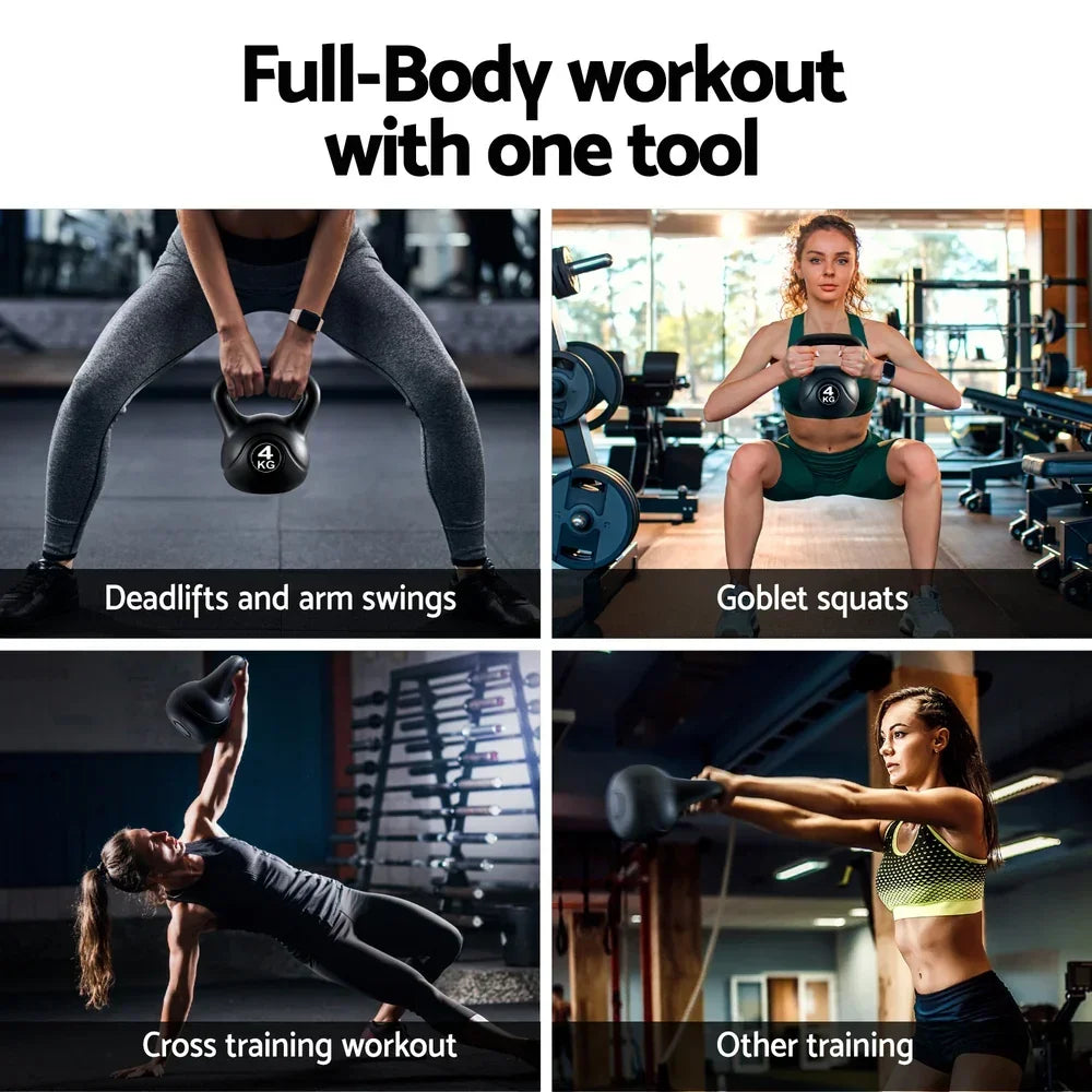 People performing deadlifts, squats, and kettlebell workouts with a 4kg black kettlebell