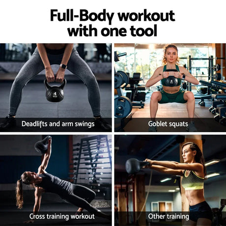 People performing deadlifts, squats, and kettlebell workouts with a 4kg black kettlebell