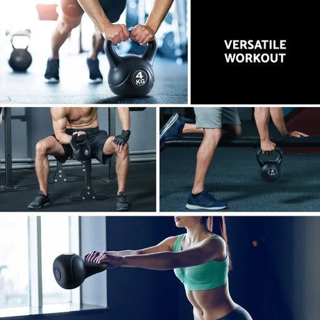 4kg black kettlebell used in various gym exercises for strength and fitness training