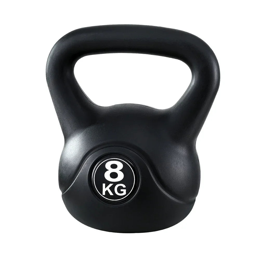 black 8kg kettlebell with handle, fitness equipment on white background