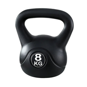 black 8kg kettlebell with handle, fitness equipment on white background