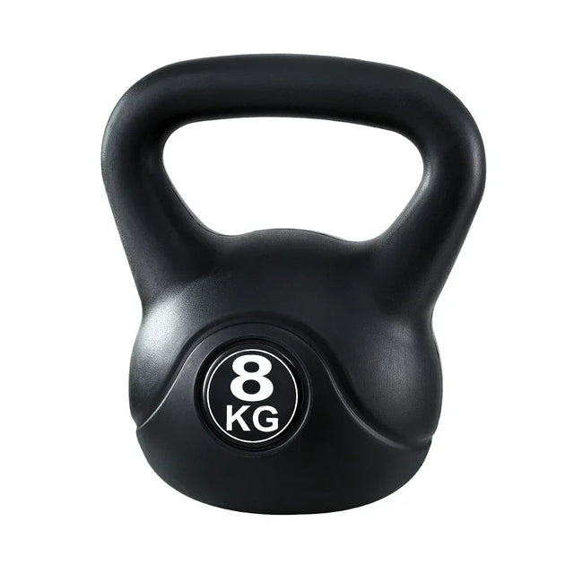 black 8kg kettlebell with handle, fitness equipment on white background