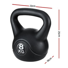 Black 8kg kettlebell with handle, dimensions 23cm x 25cm x 18cm, fitness equipment