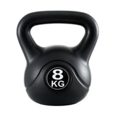 Black 8kg kettlebell with handle, front view on white background