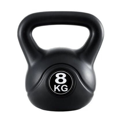 Black 8kg kettlebell with handle, front view on white background