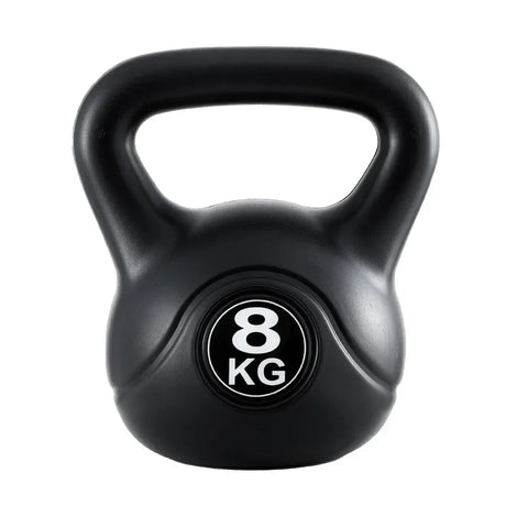 Black 8kg kettlebell with handle, front view on white background