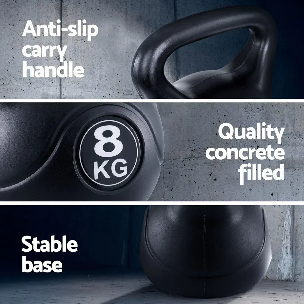 Black 8kg concrete kettlebell with anti-slip handle and stable base for strength workouts.