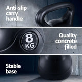 Black 8kg concrete kettlebell with anti-slip handle and stable base for strength workouts.