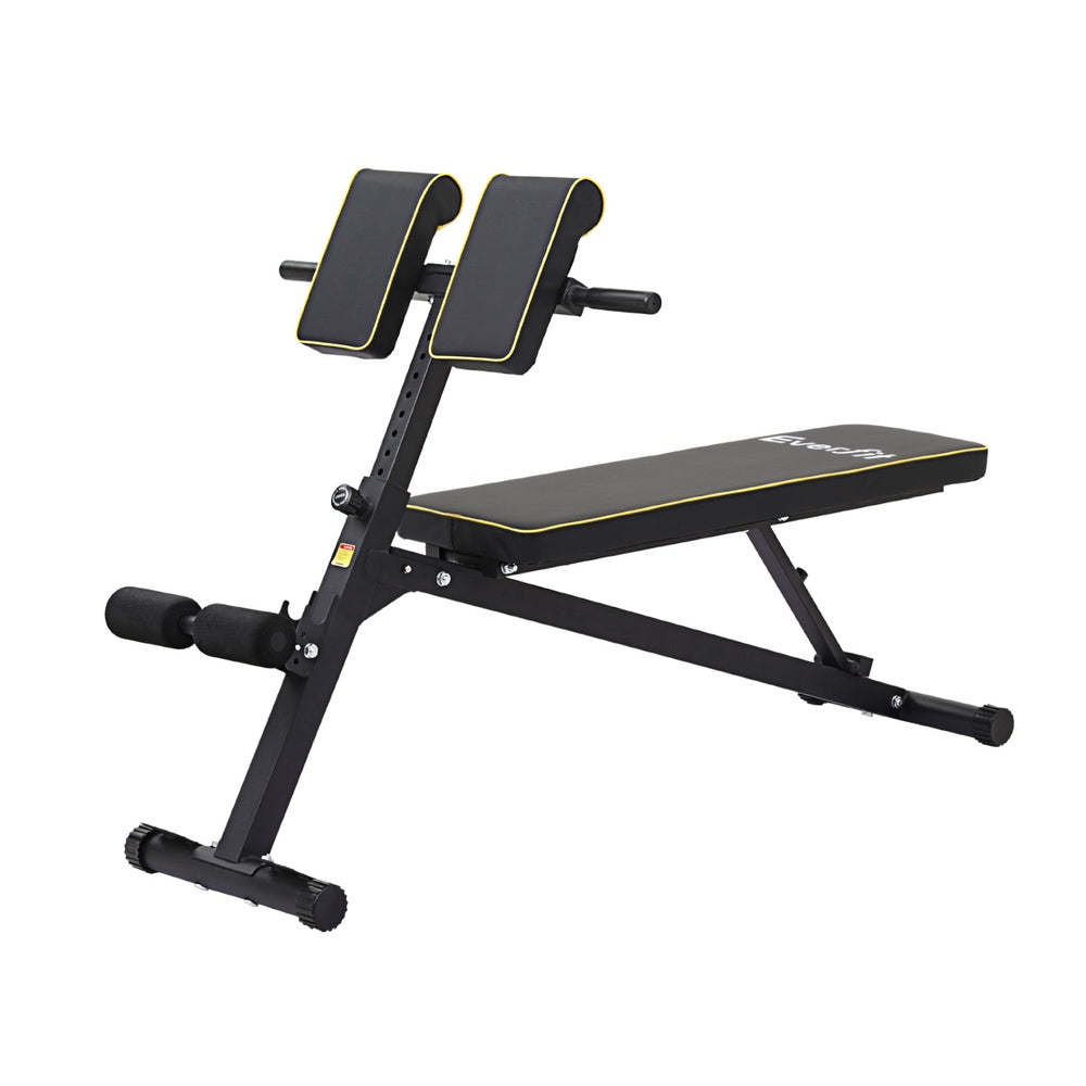 Black and yellow adjustable weight bench with padded backrest and leg supports for home gym workouts
