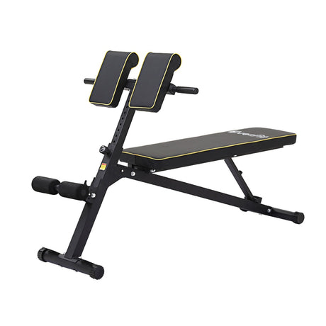Adjustable black Roman bench for home gym workouts, padded seat and leg support