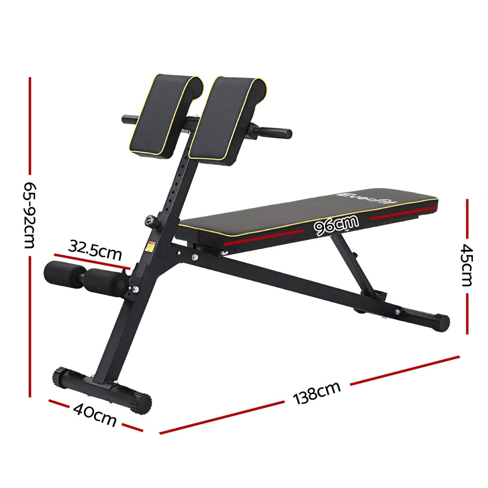 Adjustable weight bench with dimensions, black and yellow padding, home gym equipment