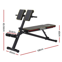 Adjustable weight bench with dimensions, black and yellow padding, home gym equipment