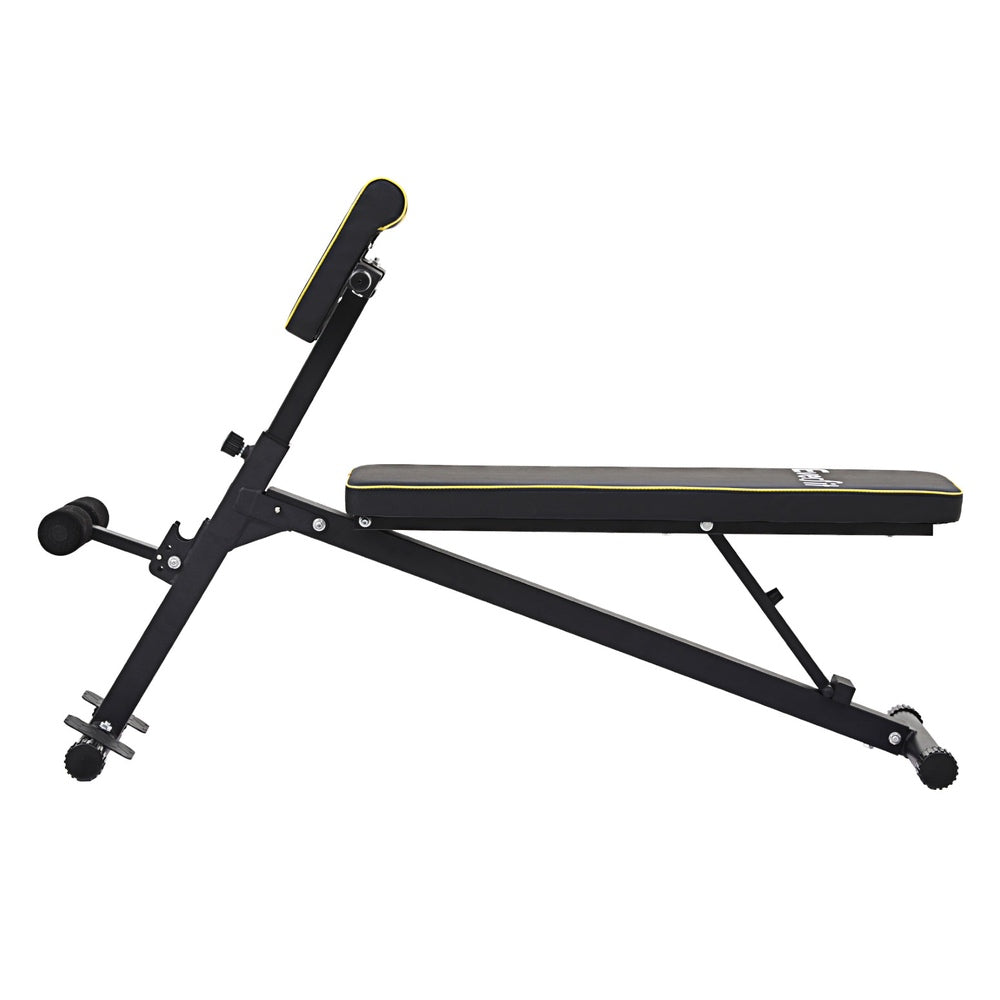 Black adjustable weight bench with yellow trim, ideal for home gym workouts and strength training.