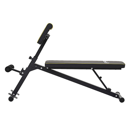 Black adjustable weight bench with yellow trim, ideal for home gym workouts and strength training.