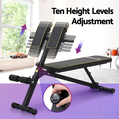 Adjustable Roman bench with ten height levels, black padded seat, home gym setting