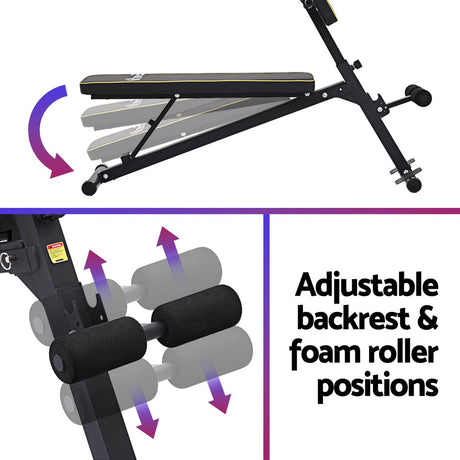 Adjustable weight bench with multiple backrest angles and foam roller positions for home gym