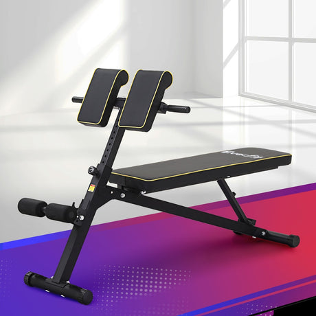 Adjustable roman bench for home gym workouts, black with yellow trim, in a bright room