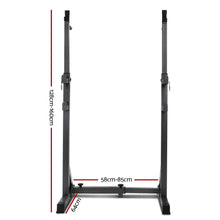 Adjustable squat rack with height and width measurements, black steel gym equipment on white background.