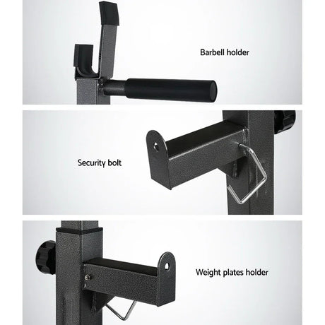 Close-up of black squat rack features, including barbell holder, security bolt, and weight plates holder.