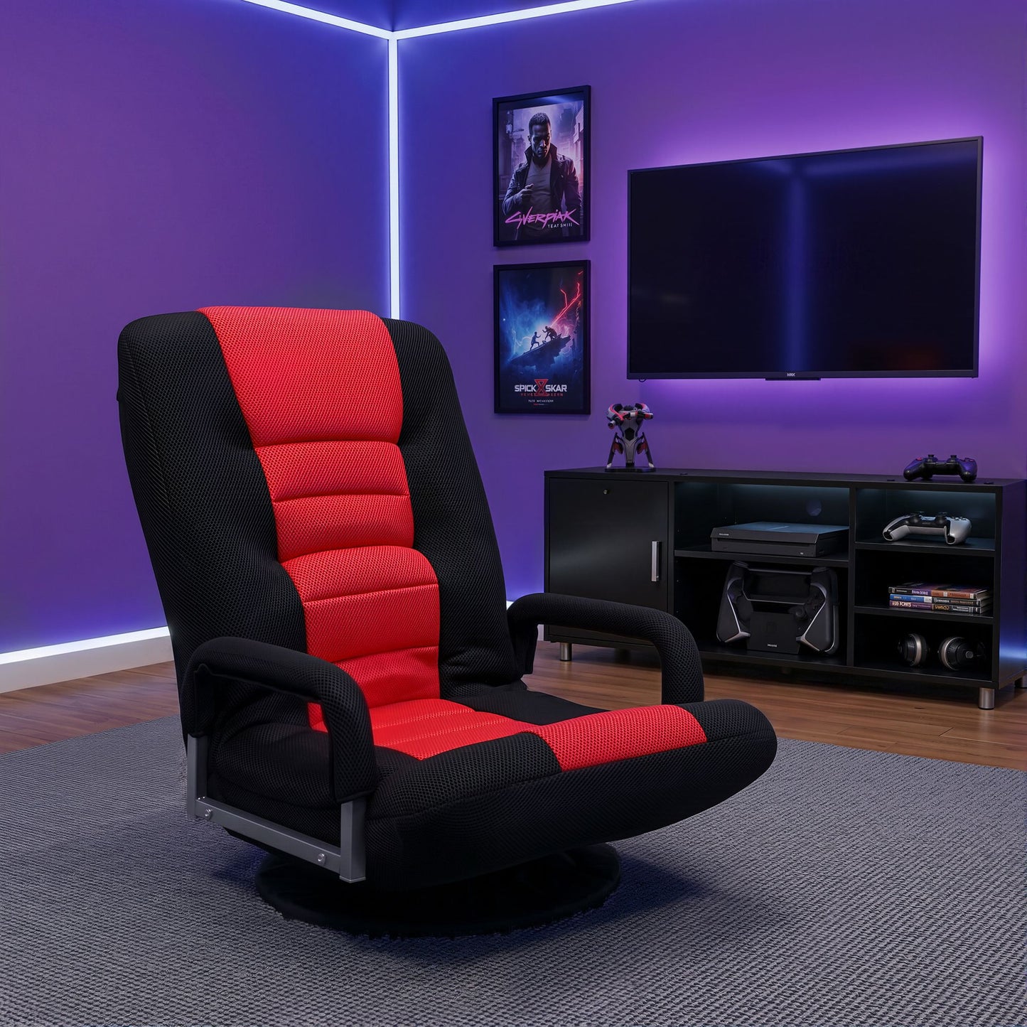 Artiss Floor Gaming Chair 360 Swivel 6-Position Backrest Black Red 150kg