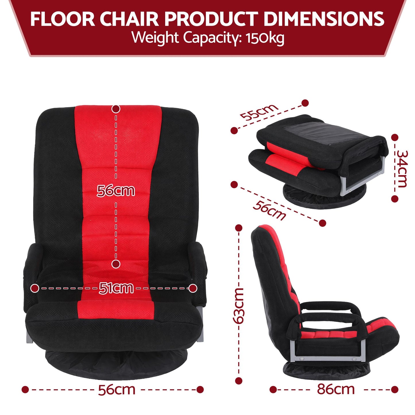 Artiss Floor Gaming Chair 360 Swivel 6-Position Backrest Black Red 150kg