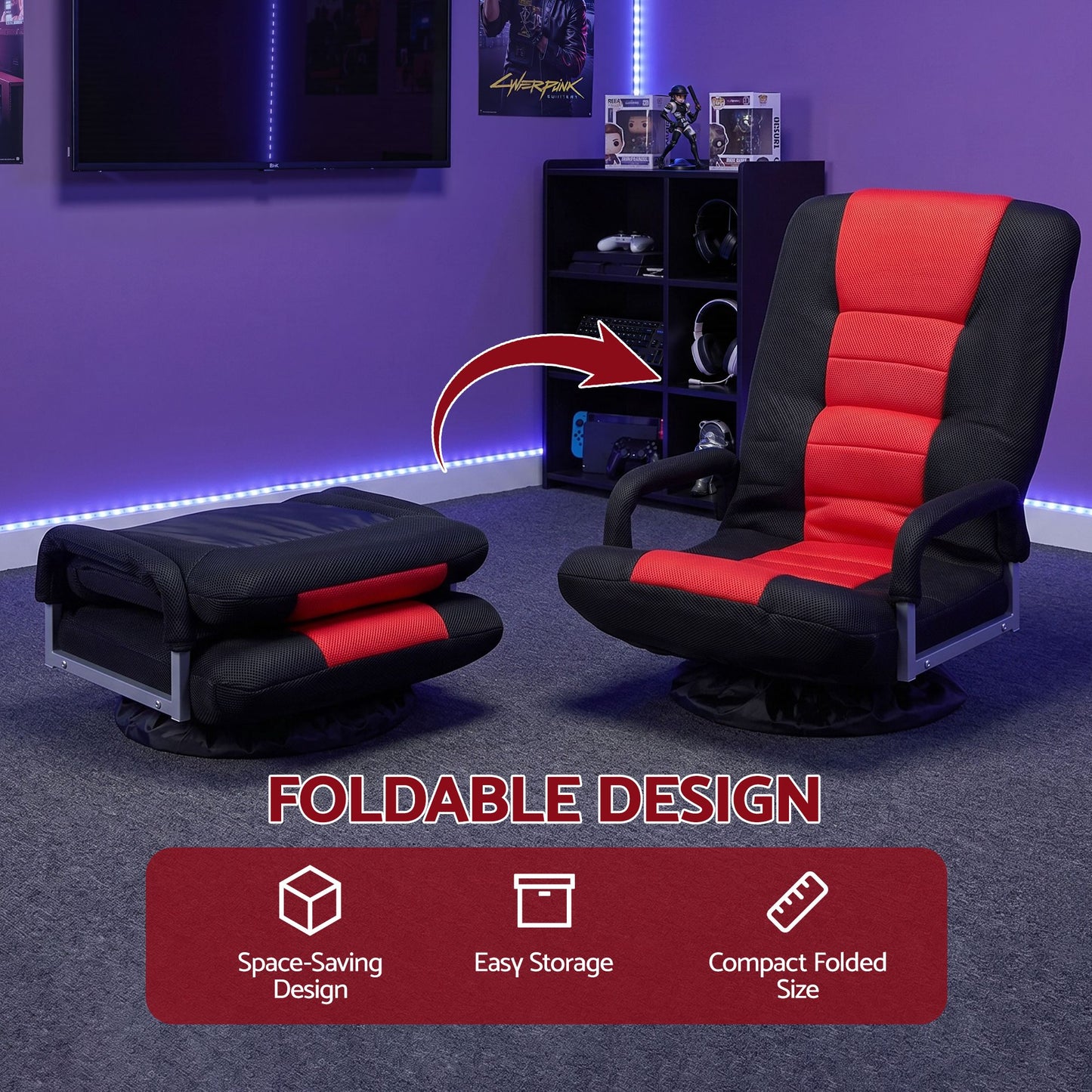 Artiss Floor Gaming Chair 360 Swivel 6-Position Backrest Black Red 150kg
