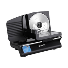Electric food slicer with stainless steel blade and safety guard on black base