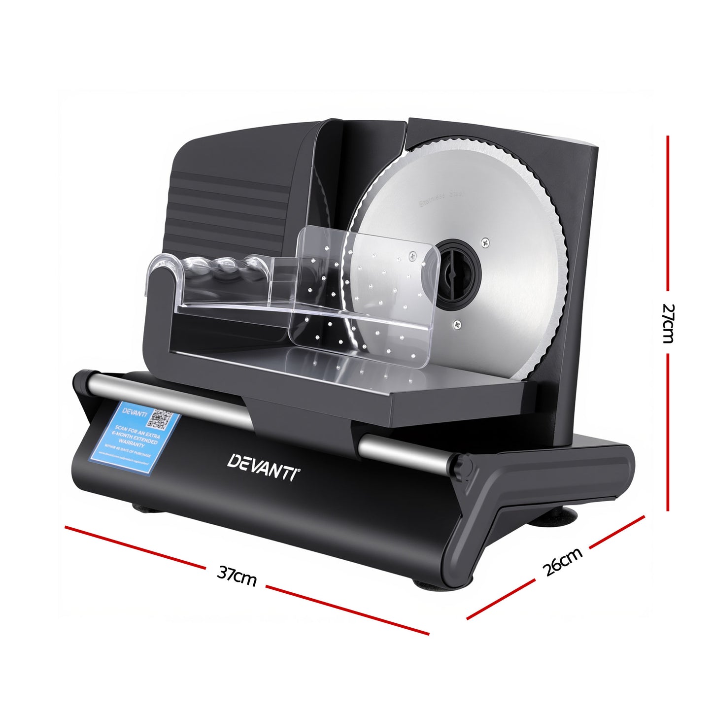 Electric food slicer with stainless steel blade, black body, and measurement dimensions labeled