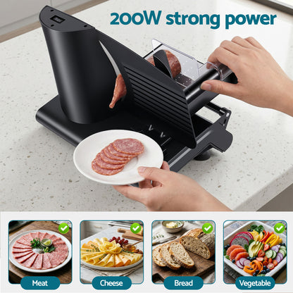 Electric food slicer cutting salami on a kitchen counter, suitable for meat, cheese, bread, vegetables