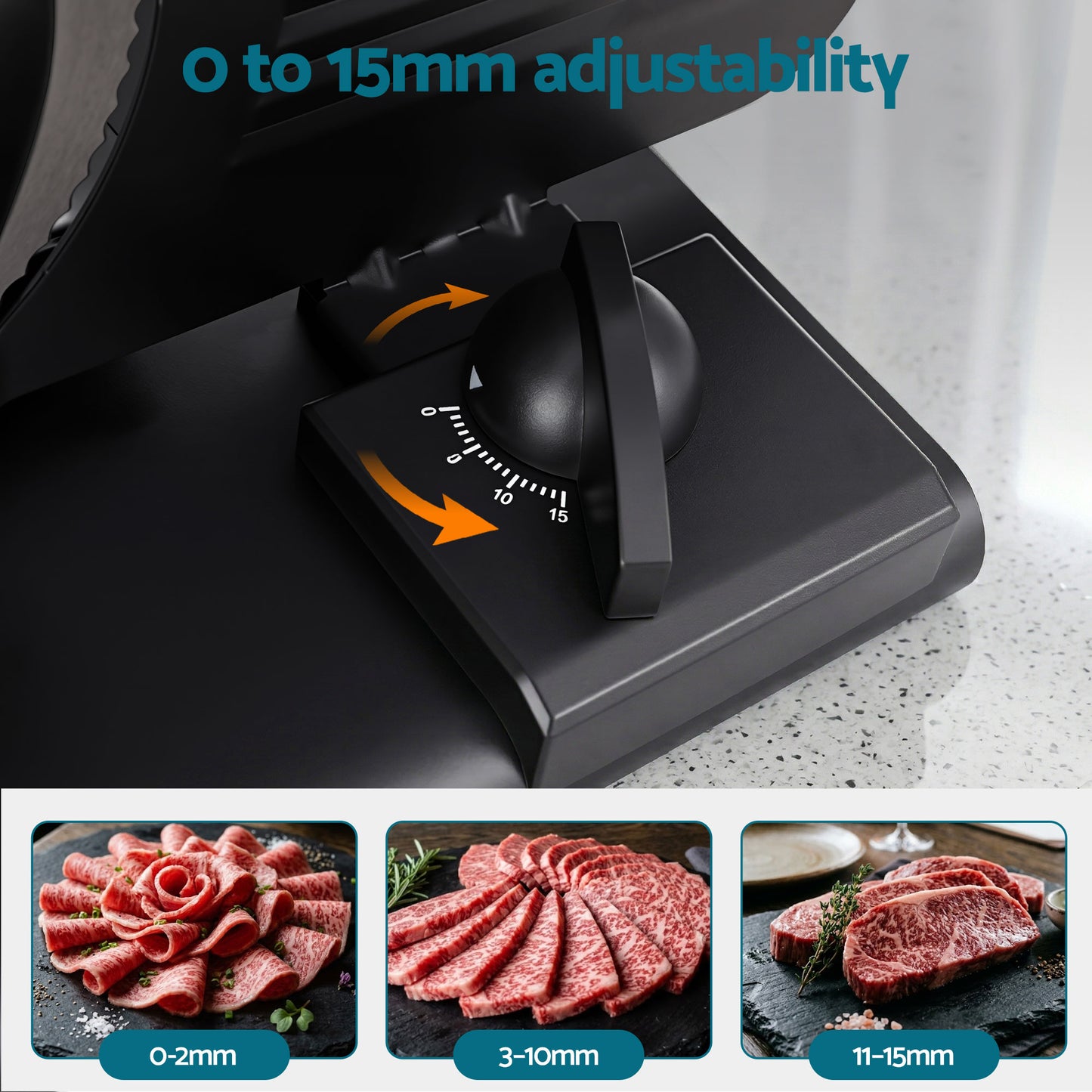 Meat slicer thickness adjustment dial with meat slice thickness examples from 0 to 15mm.